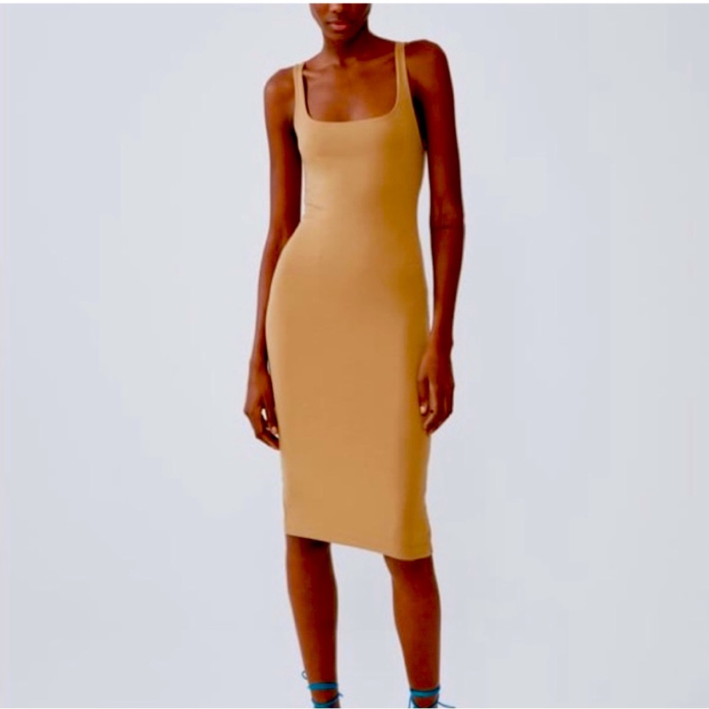 Zara Khaki Tan Sleeveless Fitted  Scoop Neck T-shirt Dress Size L